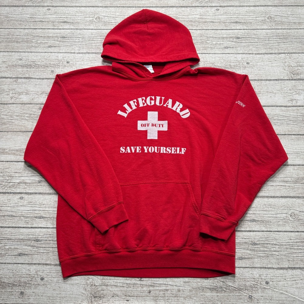 Lifeguard Hoodie Men's Large Red Save Yourself Off Duty Fleece Lined Pullover